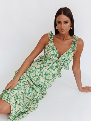 Second Chances Ruffle Trim Maxi Dress Flowers Green