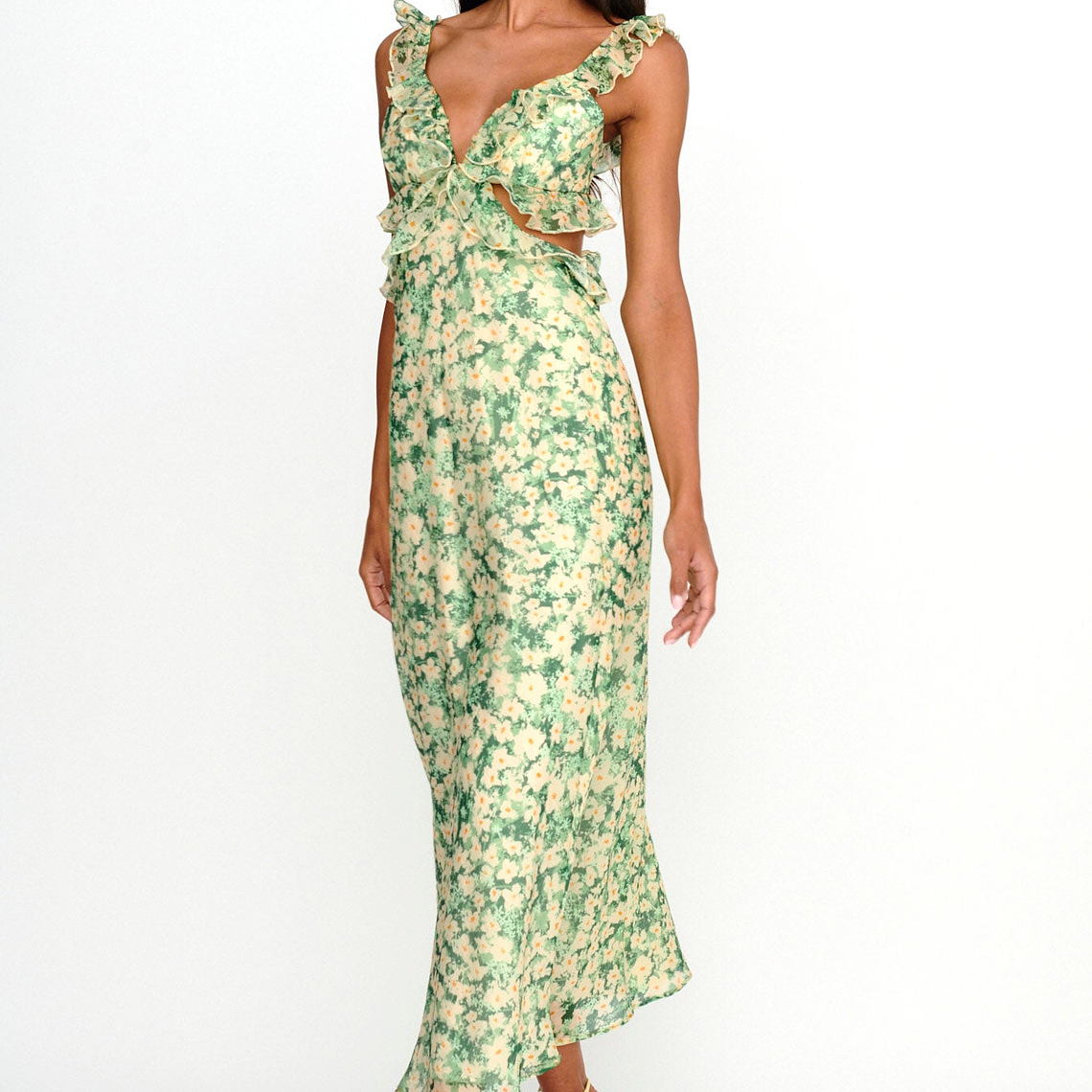 Second Chances Ruffle Trim Maxi Dress Flowers Green 3