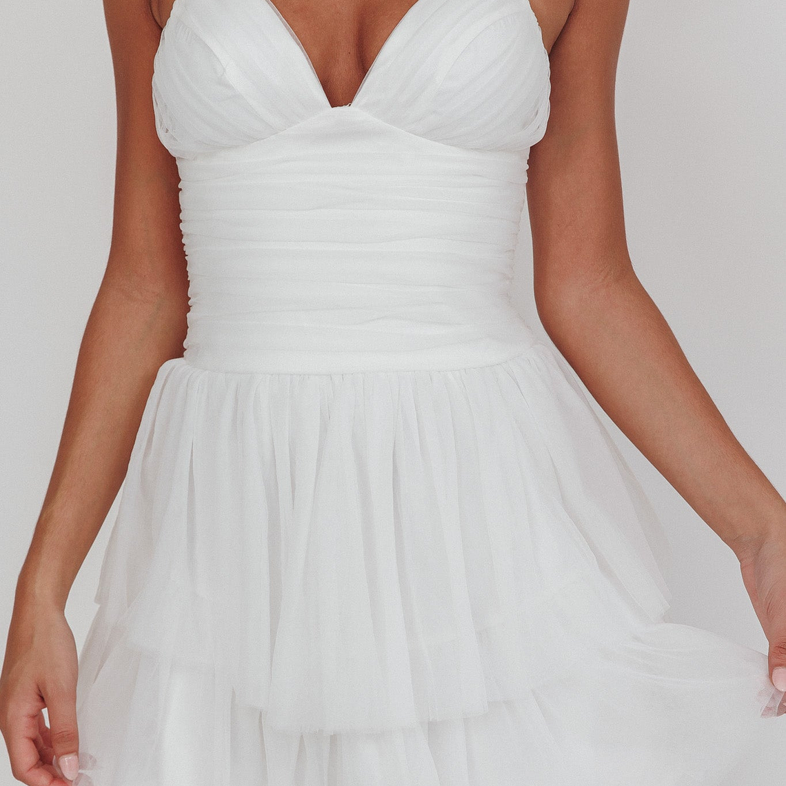 Nightingale Ruched Mesh Mini Dress White 1