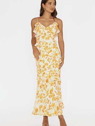 Silvana Frill Trim Midi Dress Floral Orange