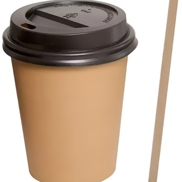 Vaso Una Capa Kraft 12 Oz (350 Cc) + Tapas + Revolvedores 2