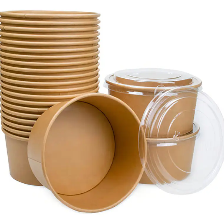 Envase Bowl Kraft Pla Compostable 1000 Cc / 32 Oz Con Tapas 2