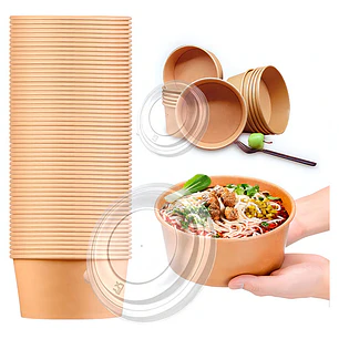 Envase Bowl Kraft Pla Compostable 1000 Cc / 32 Oz Con Tapas