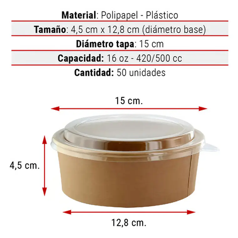Envase Bowl Kraft Pla Compostable 1300 Cc / 44 Oz Con Tapas 5