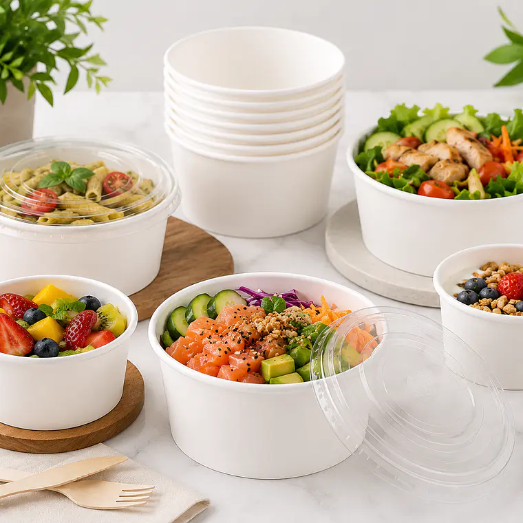 Envase Bowl Blanco Pla Compostable 1000 Cc / 32 Oz Con Tapas 1