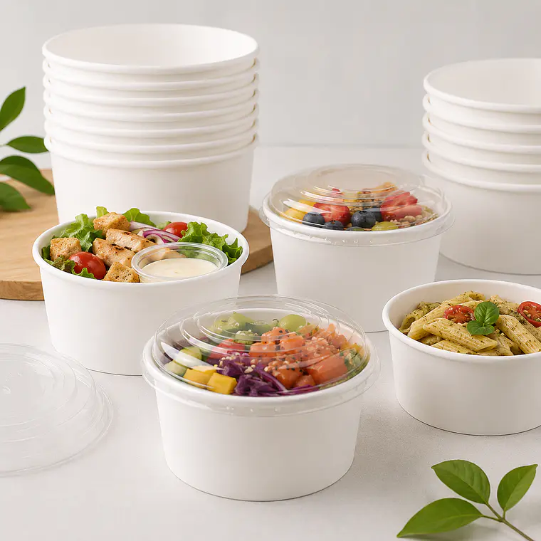 Envase Bowl Blanco Pla Compostable 1300 Cc / 44 Oz Con Tapas 2