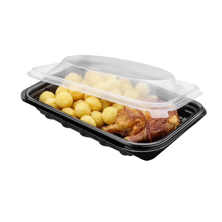 Bandeja Media Costilla Negro Con Tapa Para Comidas Preparadas 2