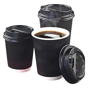 Vaso Ripple Corrugado Negro Para Cafe 8 Oz / 240 Cc + Tapas