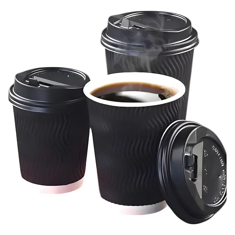 Vaso Ripple Corrugado Negro Para Cafe 8 Oz / 240 Cc + Tapas 1