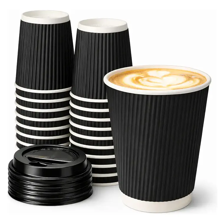 Vaso Ripple Corrugado Negro Para Cafe 12 Oz / 350 Cc + Tapas 2