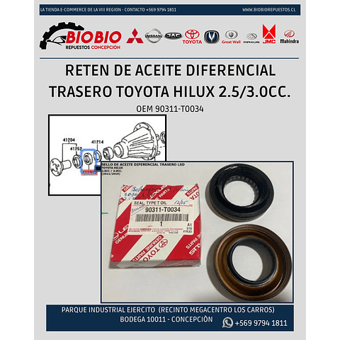 SELLO O RETEN DE ACEITE DIFERENCIAL TRASERO, TOYOTA HILUX 2.5/3.0cc.