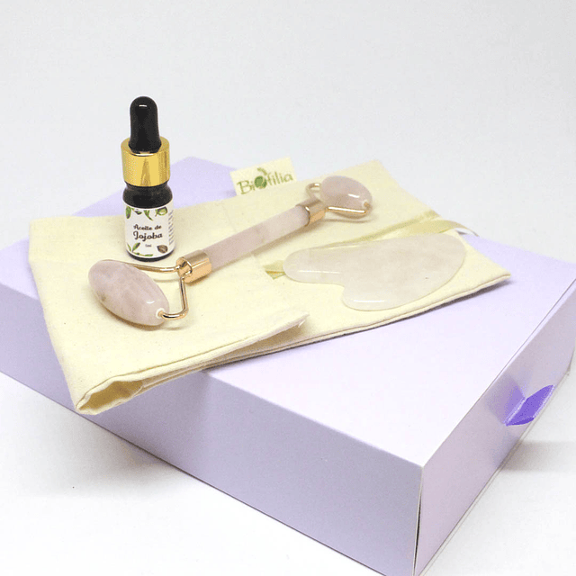 Set masaje con Gua Sha + Roller de Cuarzo Rosa + Aceite facial