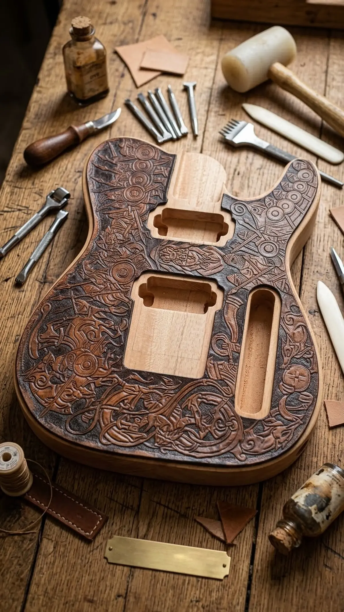 Cover en cuero tallado para guitarra