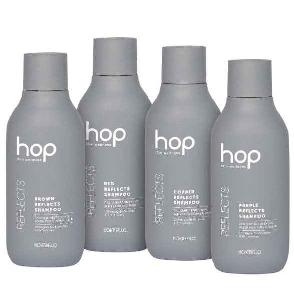 Shampoo matizador Hop Montibello 4 tonos distintos.