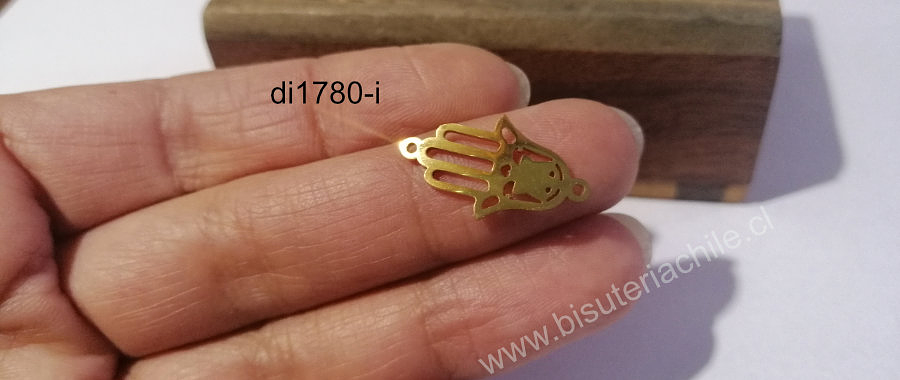 Dije doble conexión, mano de hamsa, en acero dorado, 23 x 13 mm, por unidad