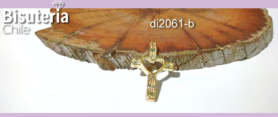 Dije baño de oro y circones en forma de cruz con corazón, 21 x 14 mm, por unidad