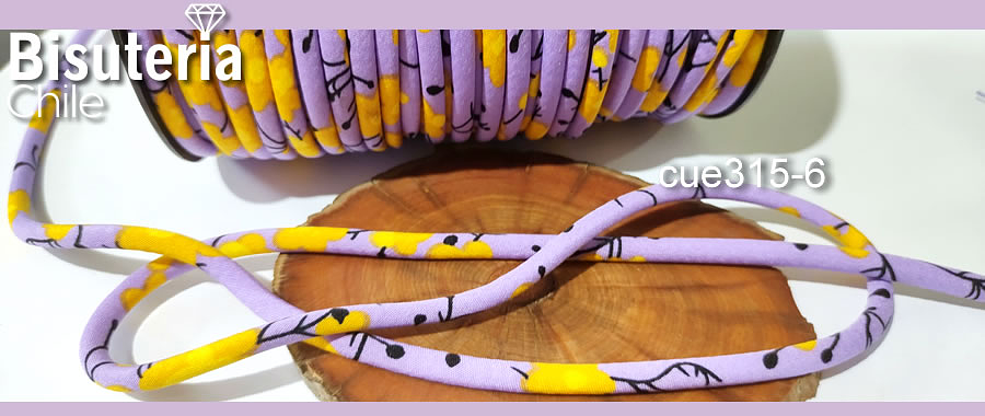 Cordón diseño, color lila con aplicación de flores, 5 mm de ancho por metro