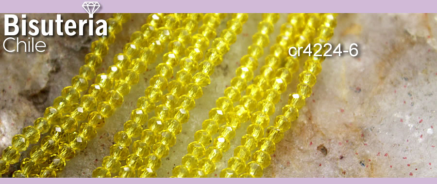 Cristal facetado de color amarillo 2 x 2 mm, tira de 165 cristales aprox  (la medida de los cristales varía en 0.3 mm aprox)