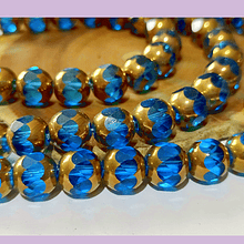 Perla de vidrio color celeste con aplicaciones de cobre, 10 mm, tira de 32 cuentas aprox