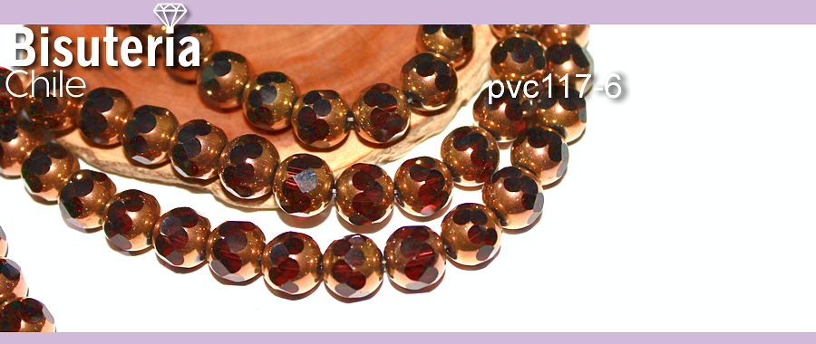 Perla de vidrio color café con aplicaciones de cobre, 10 mm, tira de 32cuentas aprox