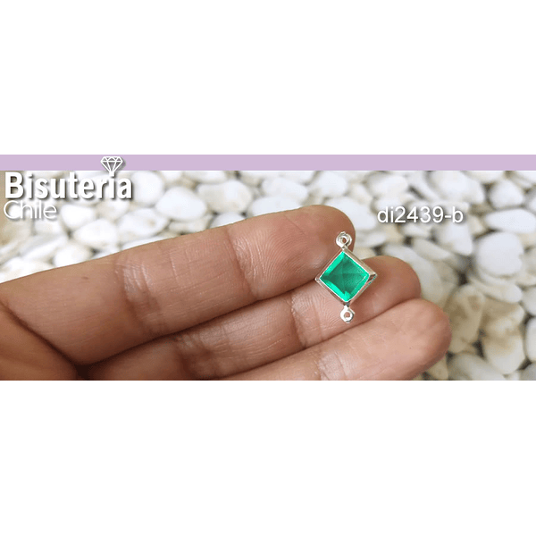 Dije doble conexión. baño de plata con cristal facetado color verde, 18 x 12 mm, por unidad