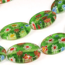 Vidrio murano en forma ovalada, color verde con flores, 18 x 13 mm, tira de 15 piezas