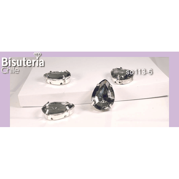 Cristal soutache gris con aplicación metálica plateada, 18 x 13 mm, set de 4 unidades