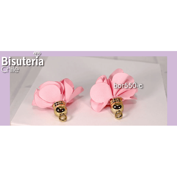 Borla flor rosado, base dorado 24 mm de largo, por par