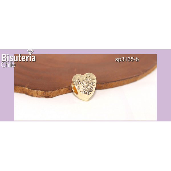 Separador corazón baño de oro "Love", 10x10, 7 mm de alto, agujero de 4 mm, por unidad