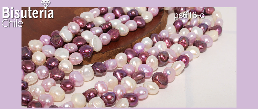 Perla de río irregular en tonos lilas y fucsias, entre 6 y 7 mm, tira de 65 perlas aprox.
