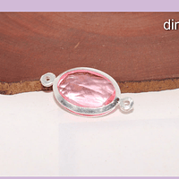 Dije doble conexión baño de plata con cristal rosado, 21 x 11 mm, por unidad