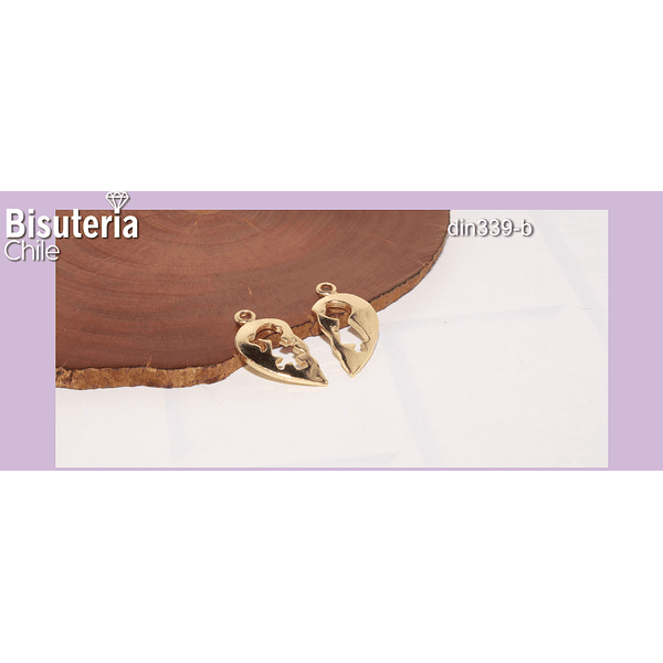 Set de dije pareja baño de oro, en forma de corazón, 19 x 6 mm, por set