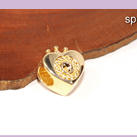 Separador corazón con corona,  baño de oro, 10 x 12 mm, agujero de 4 mm, por unidad