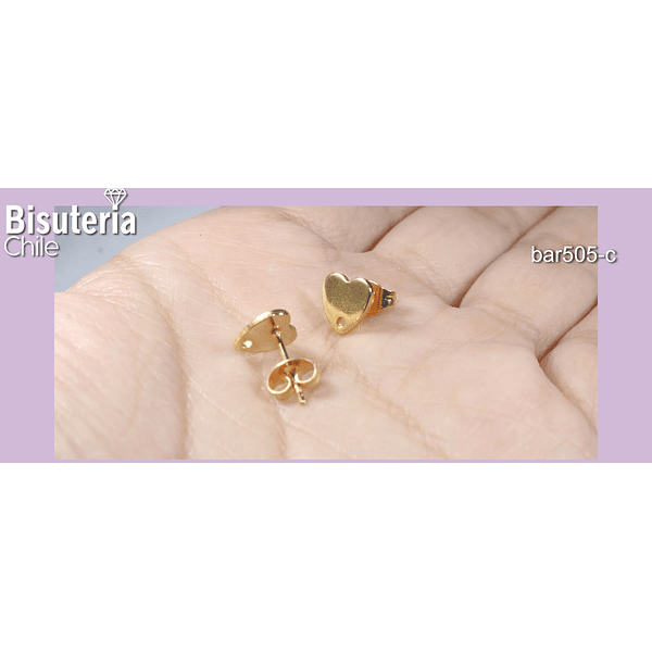 Base de aro acero dorado, en forma de corazón, 8 mm, por par
