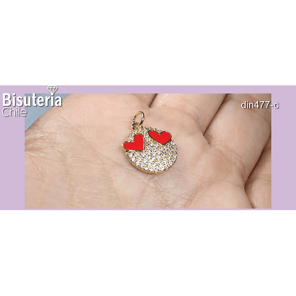 Colgante zirconia carita con corazones y circones, baño de oro, 14 mm, por unidad