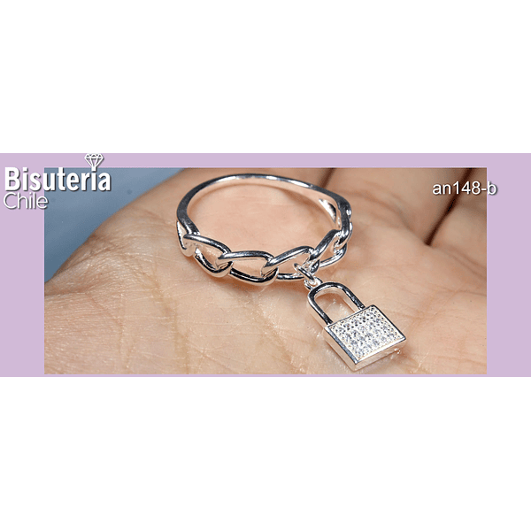 Anillo con colgante candado con circón, baño de plata, 18.1 mm, N°17, por unidad 