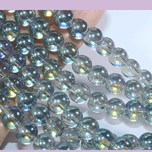perla de vidrio de 8 mm, verde claro tornasol con brillos de colores, tira de 53 perlas aprox.