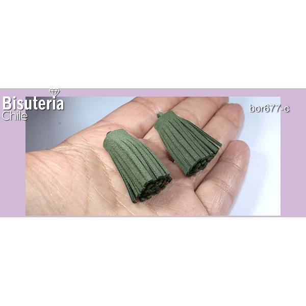 Borla de gamuza , verde musgo de 30 mm de largo, set de 2 unidades