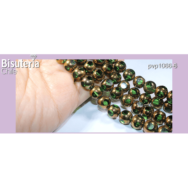 Perla de vidrio color verde con aplicaciones de cobre, 10 mm, tira de 32cuentas aprox