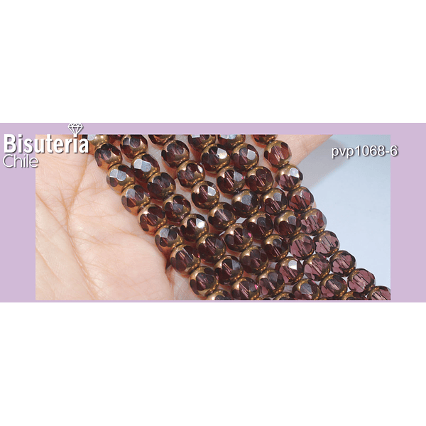 Perla de vidrio color ciruela con aplicaciones de cobre, 8 mm, tira de 42cuentas aprox