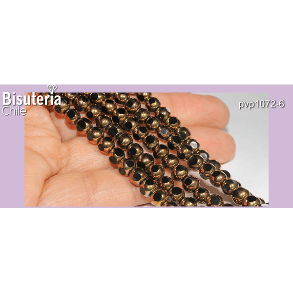 Perla de vidrio color negro con aplicaciones de cobre de 6 mm, tira de 50 perlas aprox