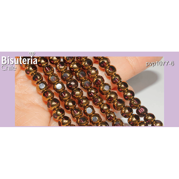 Perla de cobre con aplicaciones de vidrio color ciruela , 6 mm de diámetro, tira de 52 perlas aprox.
