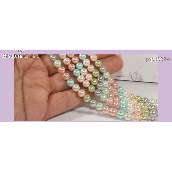 Perla Shell 6 mm, en tonos rosados, verdes y celestes, tira de 64 perlas aprox