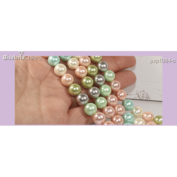 Perla Shell 10 mm, en tonos verde, tonos  verdes y celestes, tira de 40 perlas aprox
