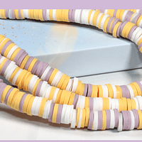 Fimo Tira de cuentas de goma,  en tono lila, amarillo y crema, de 6 mm de diámetro, tira de 40 cm de largo aprox
