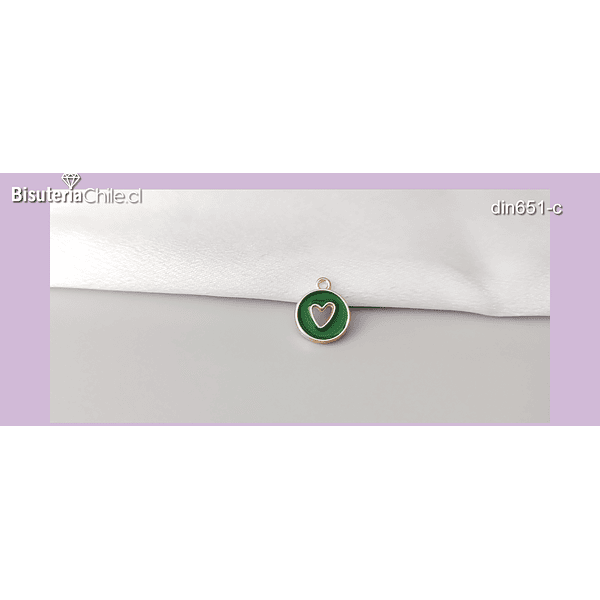Dije esmaltado verde con corazón, 11 mm, por unidad