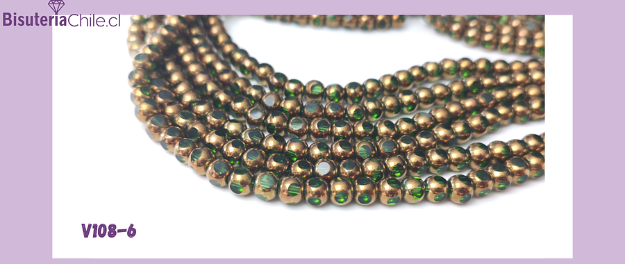 Perla de vidrio color verde con aplicaciones de cobre de 6 mm, tira de 50 perlas