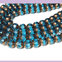 Perla de vidrio color celeste con aplicaciones de cobre, 8 mm, tira de 42cuentas aprox
