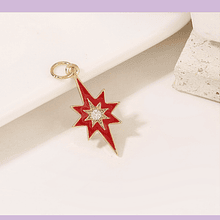 Colgante estrella del sur, baño de oro, con zircón, y esmalte rojo, 21 x 11 mm, por unidad