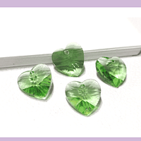Cristal colgante en forma de corazon color verde, 14 x 14 mm, set de 4 unidades